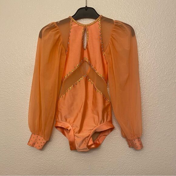 LA dance solo custom orange costume mesh rhinestone poet sleeve Diana leotard LC - Picture 5 of 11